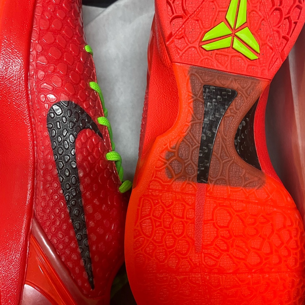 Nike Kobe 6 Protro Reverse Grinch Red and Black Athletic Shoes with Green Laces - Picture 5 of 10